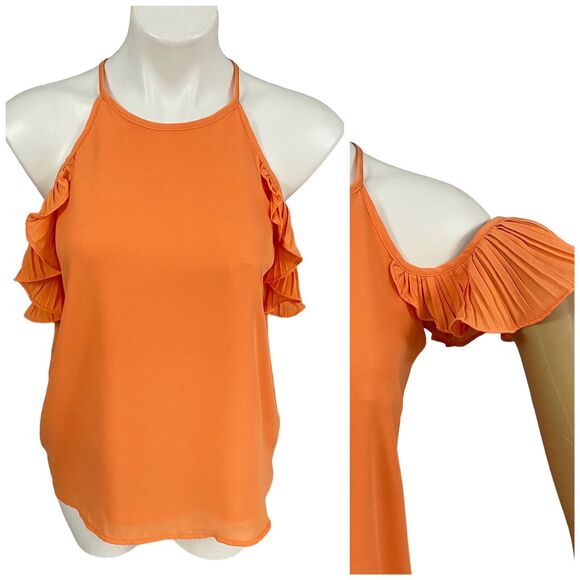 Shinestar Top Womens Small Orange Ruffle Fall Harvest Cold Shoulder Work Office - Picture 3 of 16